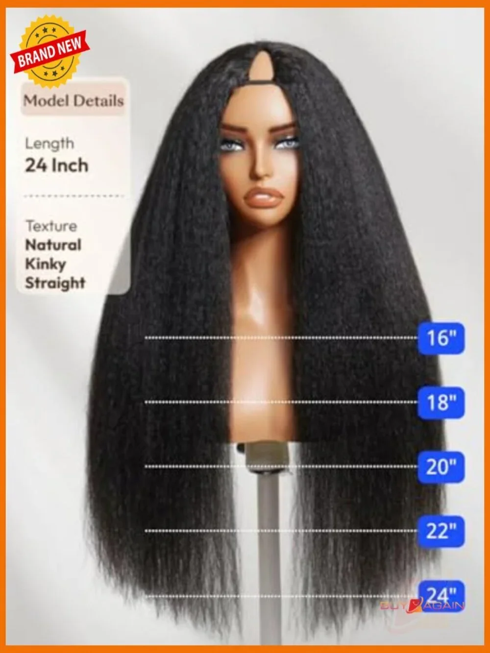 Kinky Straight V Part Wig Human Hair Glueless Drawstring 150% Density 16inch